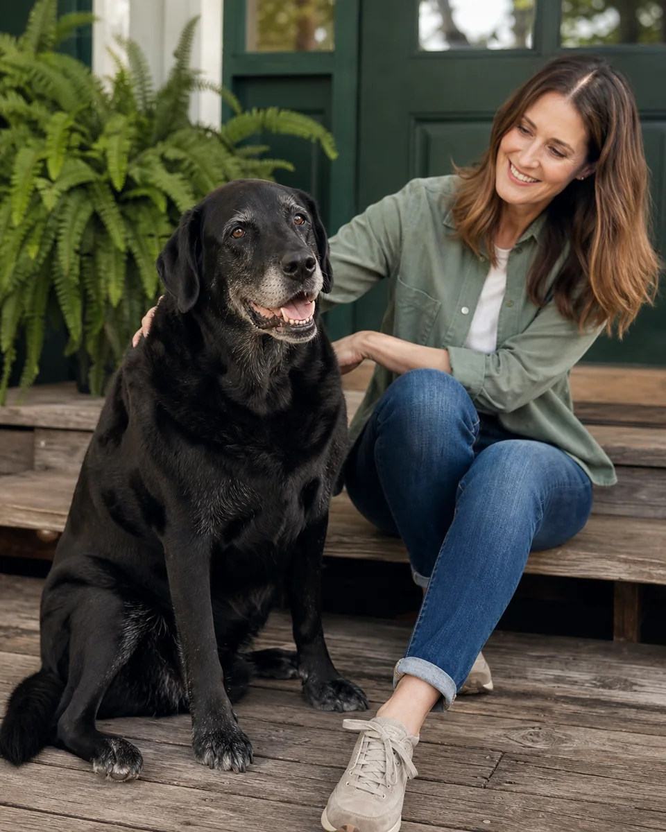 Large senior black Labrador mix sitting with its owner on a porch