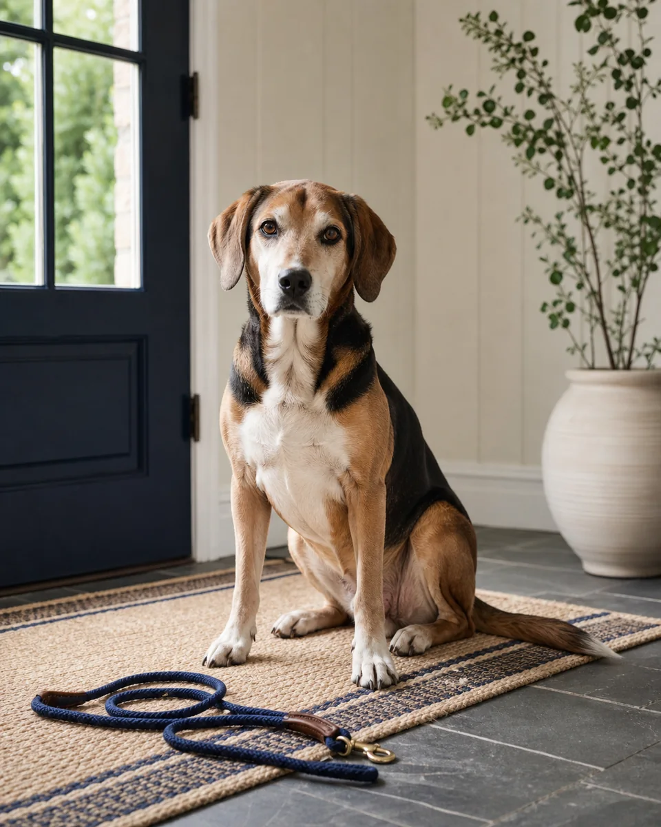 Medium mature dog waiting beside a leash at the front door