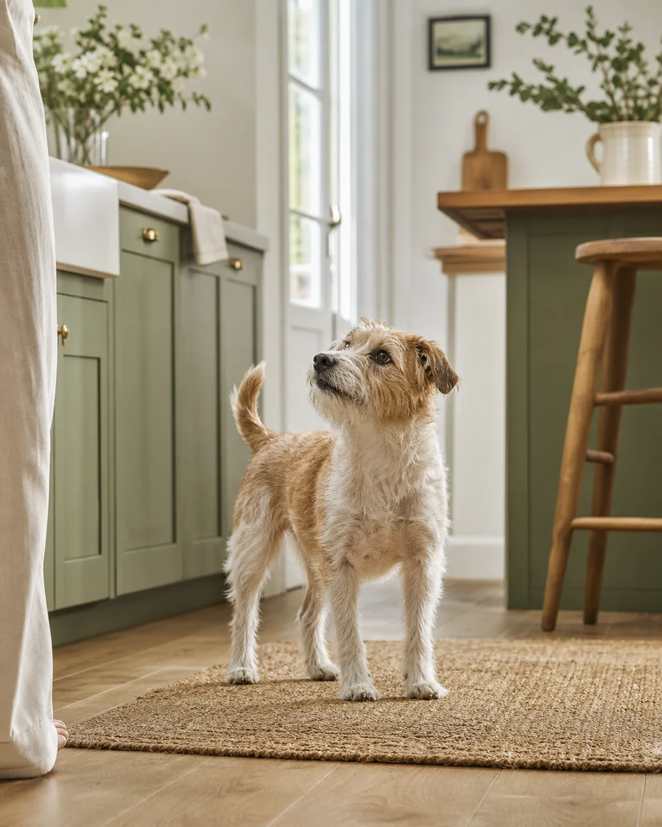 Small adult terrier standing in a bright kitchen